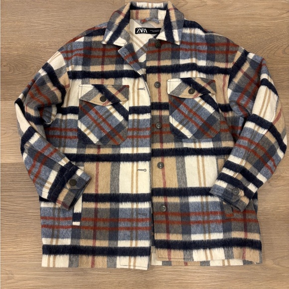 Zara Multicolor‎ Plaid Over shirt Wool Blend Shacket Jacket Size XSmall - Picture 2 of 7